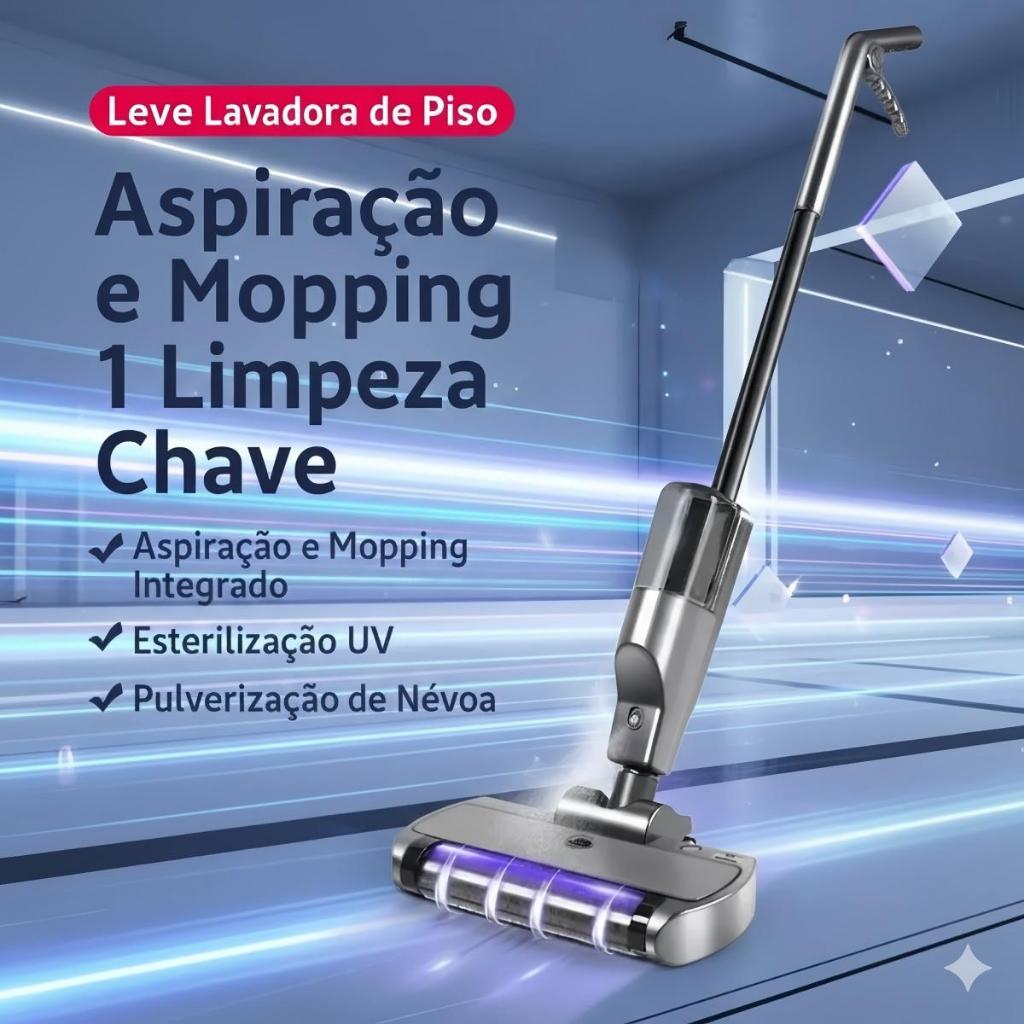 Mop Elétrico Sem Fio 3 em 1 com Spray de Água e Luz UV – Aspira, Lava e ...
