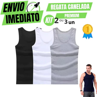 Kit C/2 e C/3 Regata Premium Masculina Modelo Americano Canelada Algodão e Elastano Malha Encorpada Ultra Conforto