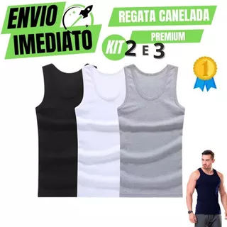 Kit C/3 e C/2 Regata Premium Masculina Modelo Americano Canelada Algodão e Elastano Malha Encorpada Ultra Conforto