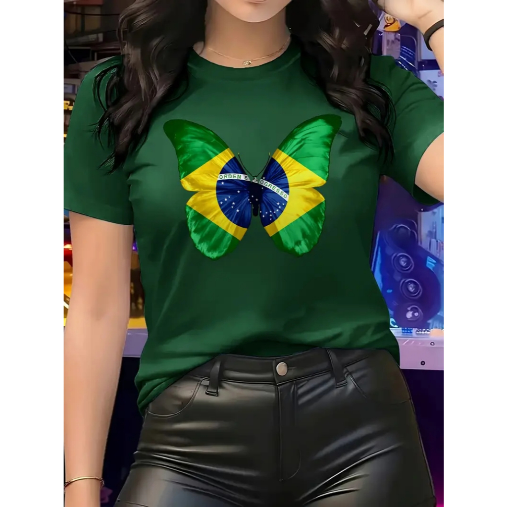 CAMISETA FEMININA ALGODÃO 100% ESTILOSA BORBOLETA BRASIL em Oferta na Shopee