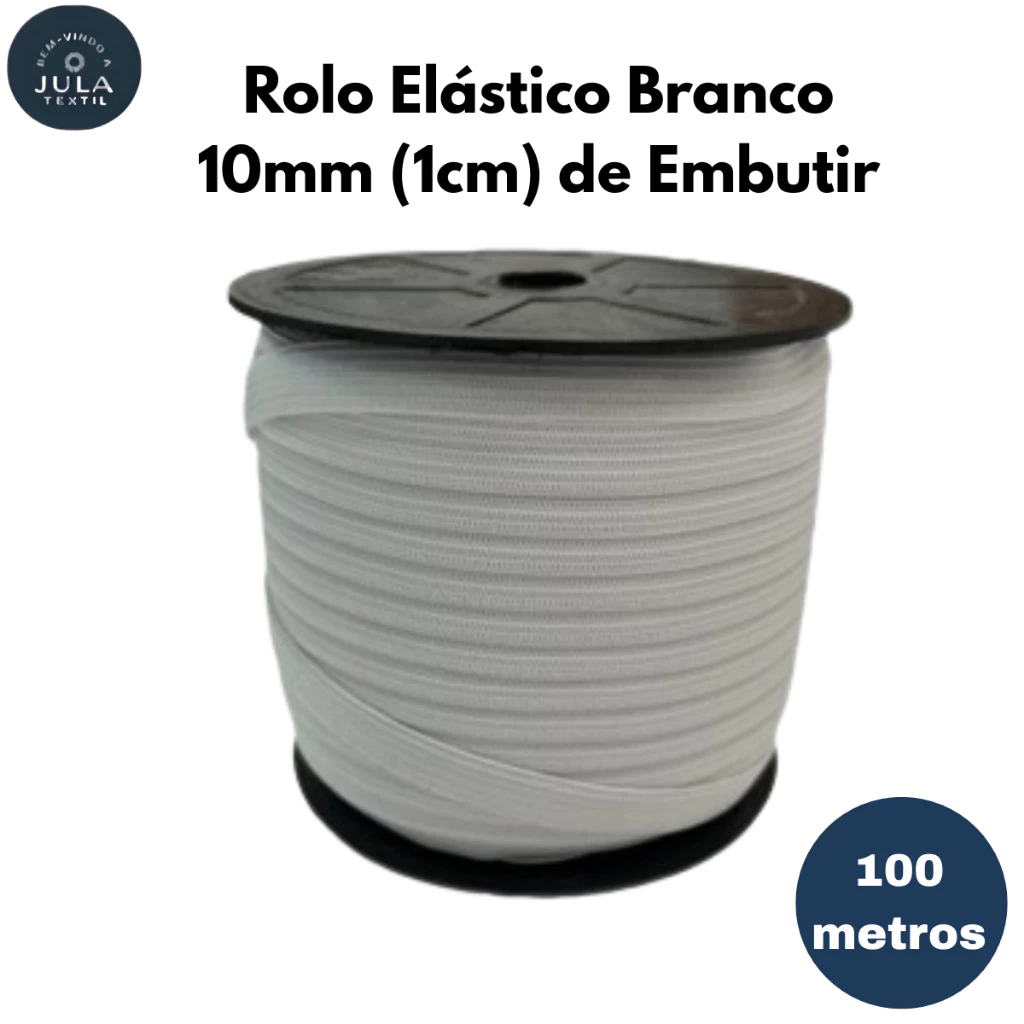 Rolo Elástico Branco 10mm (1cm) 100 metros para embutir confecção/ vestuário/ artesanato