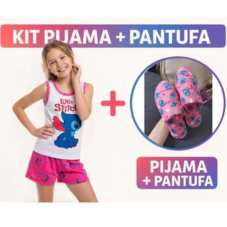KIT PIJAMA REGATA FEMININO INFANTIL + PANTUFA STITCH em Oferta na Shopee