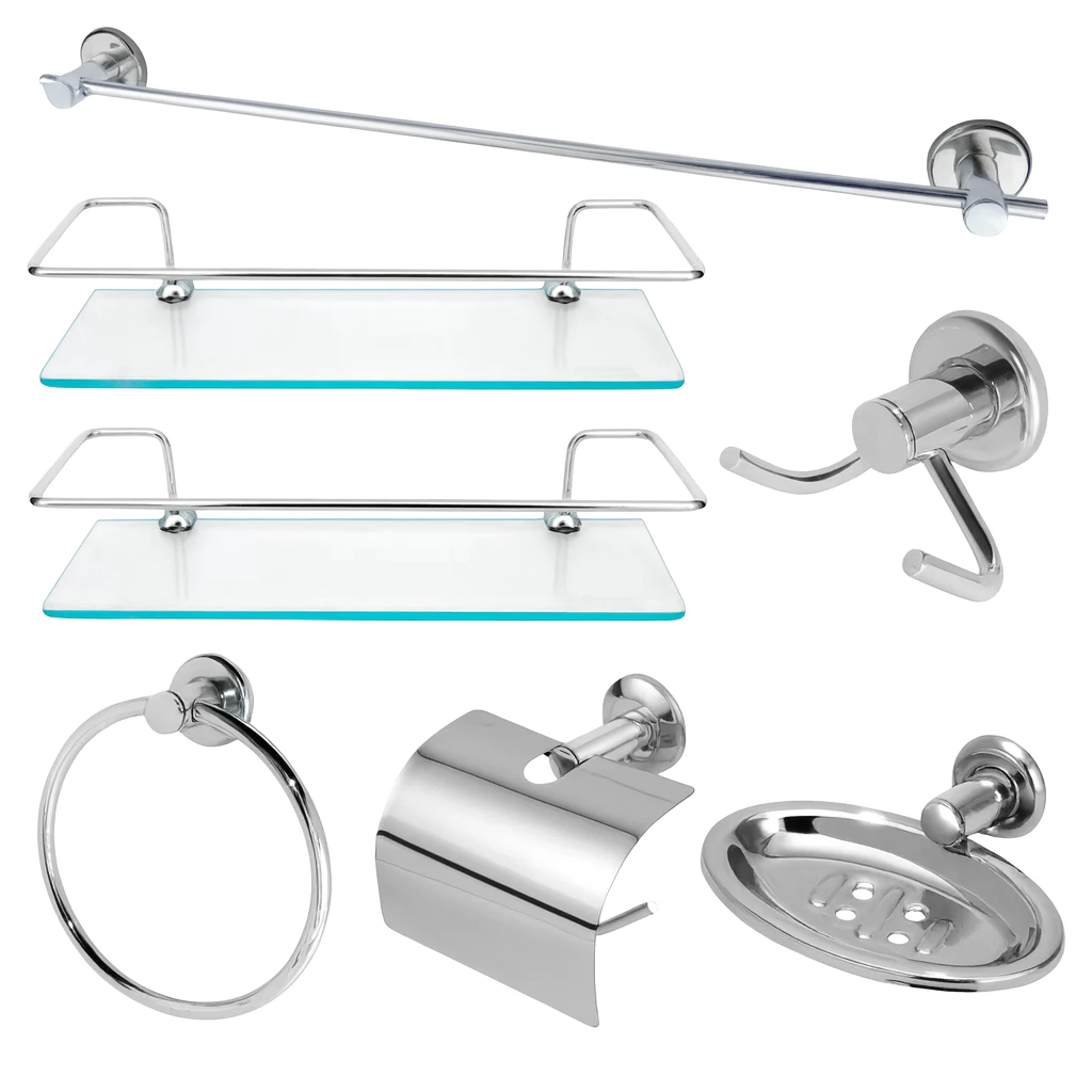 Kit Acessórios Para Banheiro Aço Inox 5 Peças 2 Porta Shampoo Vidro Reto