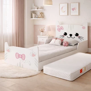 Cama Infantil Gatinho Branco Rosa em MDF Juvenil para Quarto de Menina montessoriana com colchão