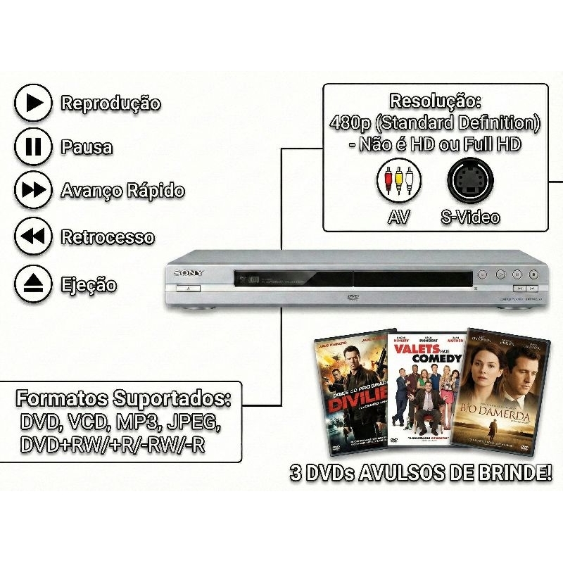 DVD Player Sony DVP-NS355 Slim - Revisado + 3 DVDs Avulso de Brinde ...