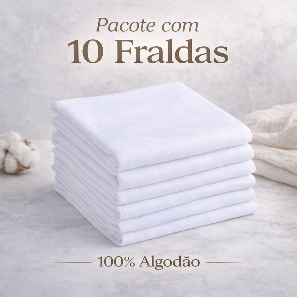 Fralda de Pano 100% Algodão 70x70cm Kit 10 Peças Macia e Absorvente