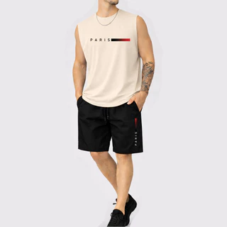 Kit Conjunto Masculino Dia a Dia Paris Dtf Envio Rápido Bermuda Tactel Regata Oversized Cavada