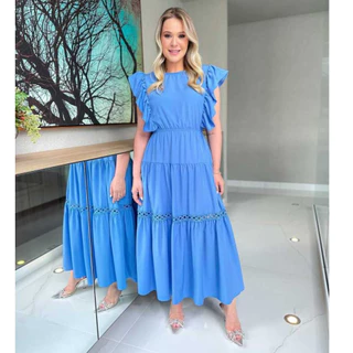 Vestido Longo Feminino com Manga Borboleta, Babados, Renda e Forro – Crepinho com Elástico na Cintura | Moda Evangélica em Oferta na Shopee