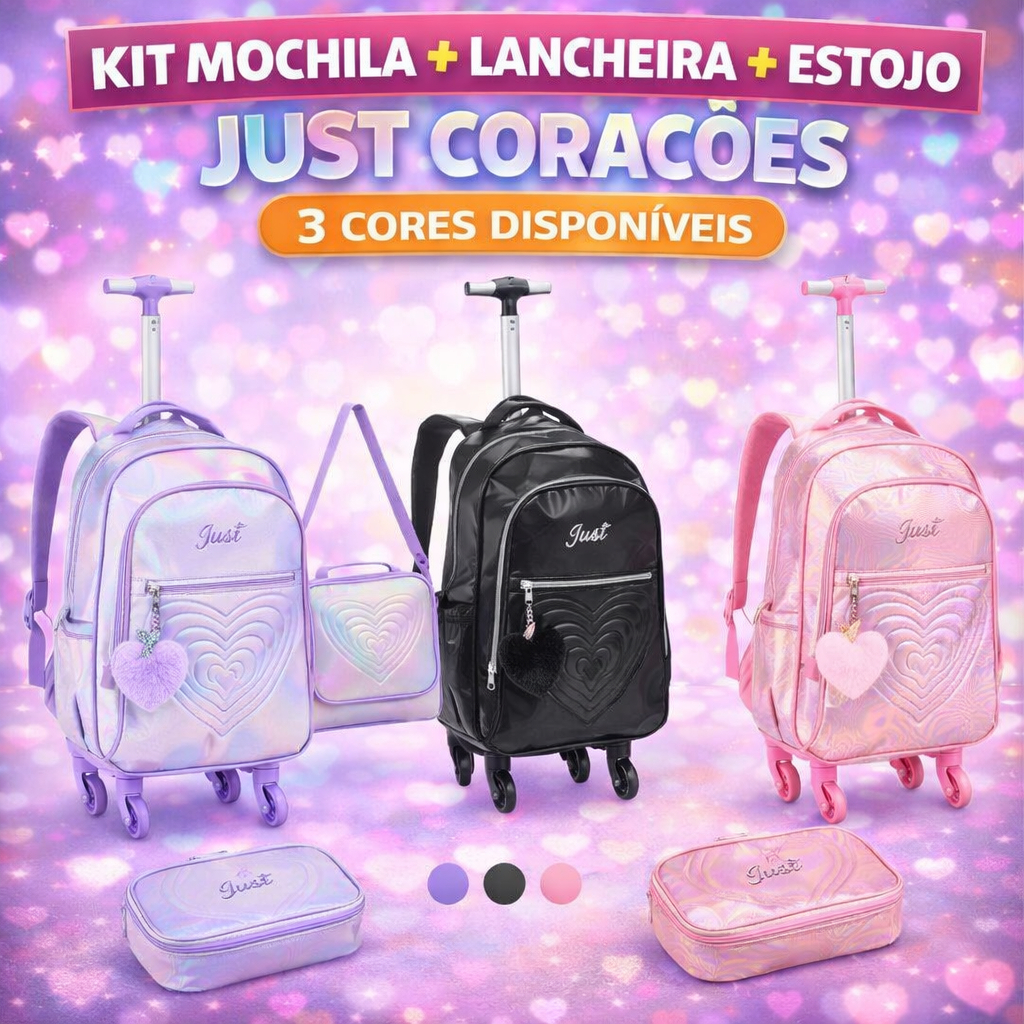 Kit Mochila de Rodinhas + Lancheira + Estojo Love Just Coração