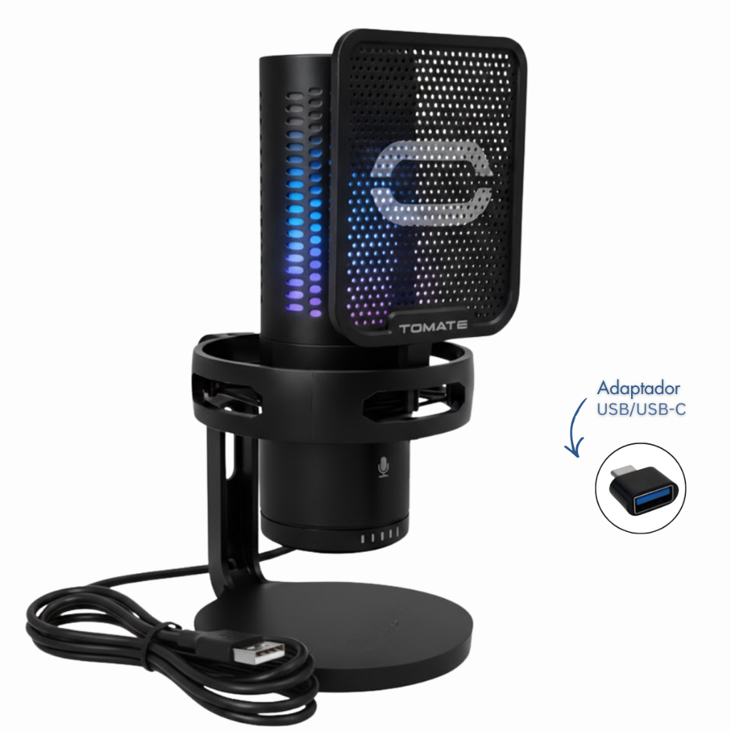 Microfone Gamer RGB USB 20 Hz 48kHz Adaptador Tipo C Volume Ajustável ...