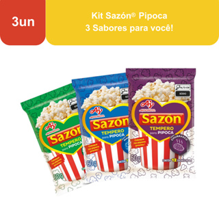 Kit SAZÓN® Tempero Pipoca – 3 Unidades - (Manteiga, Churrasco e Cebola & Salsa)