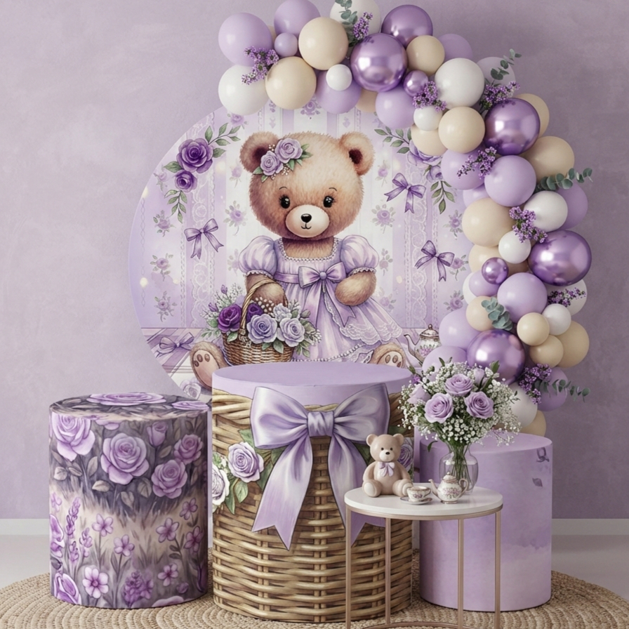 Capa Painel + Ciindros Decoração Ursinha Lilás Floral Festa Aniversário Chá de Bebê Menina
