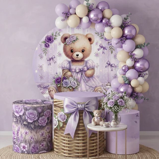 Capa Painel + Ciindros Decoração Ursinha Lilás Floral Festa Aniversário Chá de Bebê Menina