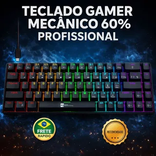 Teclado Gamer Mecânico 60% RGB ABNT2 (Ç) Profissional Compacto Iluminação Ajustável alta performace em Oferta na Shopee
