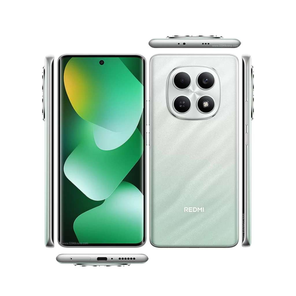 Smartphone Xiaomi Redmi Note 15 na cor verde claro, mostrando vistas frontal, traseira e laterais do dispositivo