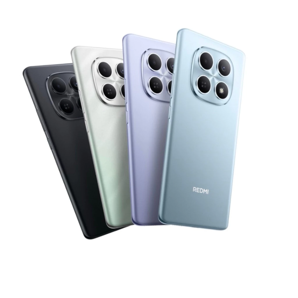 Quatro smartphones Xiaomi Redmi Note 15 4G em diversas cores (preto, verde-claro, roxo e azul-claro), dispostos em leque mostrando a parte traseira e o módulo de câmera.