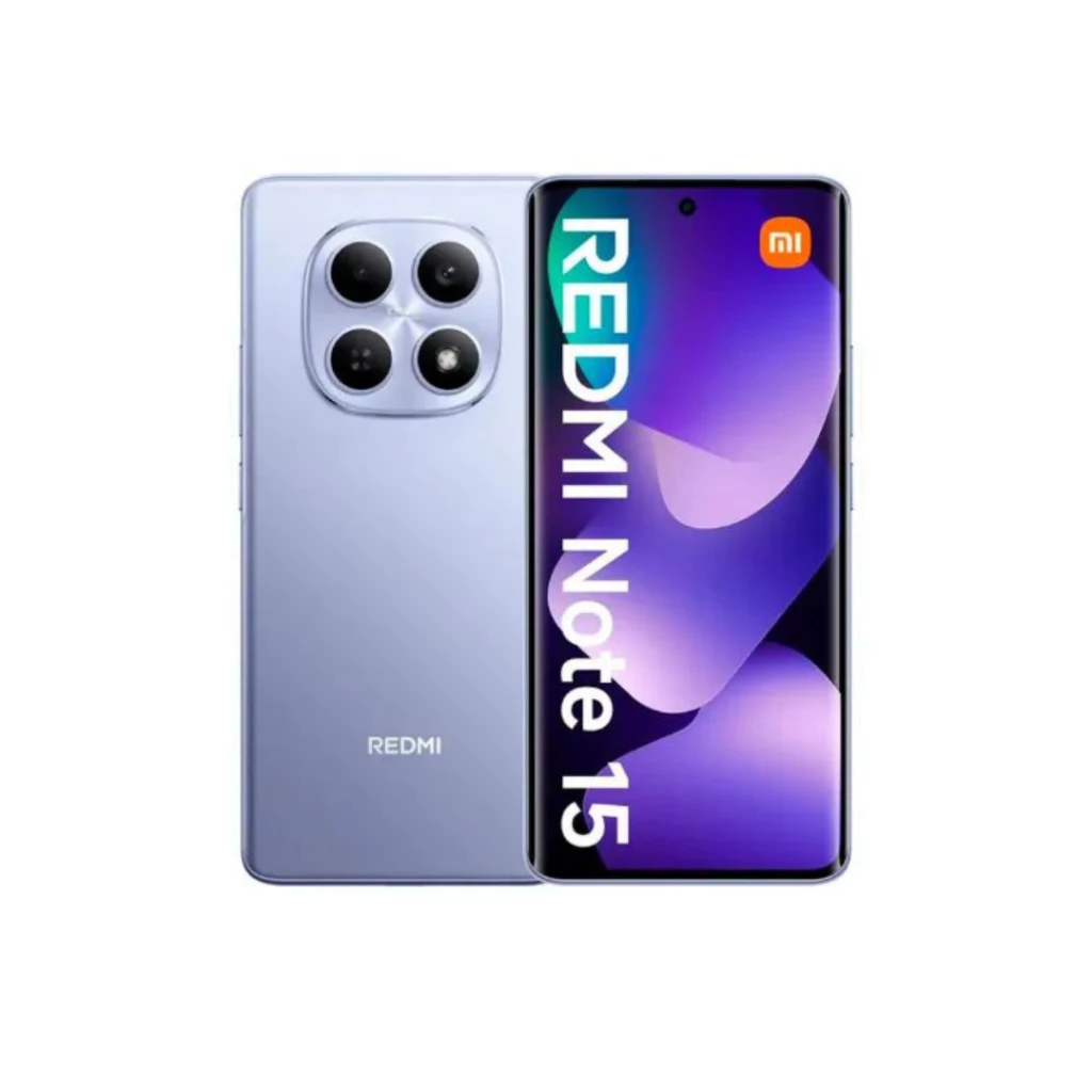 Smartphone Xiaomi Redmi Note 15 na cor azul claro exibindo a traseira com cameras e a tela frontal com interface