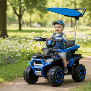 Quadriciclo Elétrico Infantil 6V Com Empurrador e Cobertura Azul Mais Segurança Estabilidade e Diversão Para Crianças em Oferta na Shopee