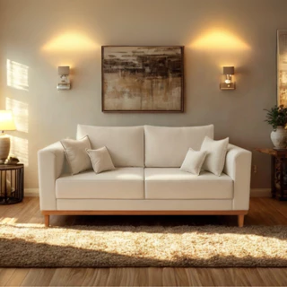 Sofá Sala de Estar 02 Lugares Beny Linho Bege Madeira Estofados em Oferta na Shopee