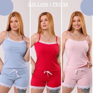 Kit 3 Pijamas Baby Doll Feminino Canelado Renda Luxo Conforto Sexy em Oferta na Shopee