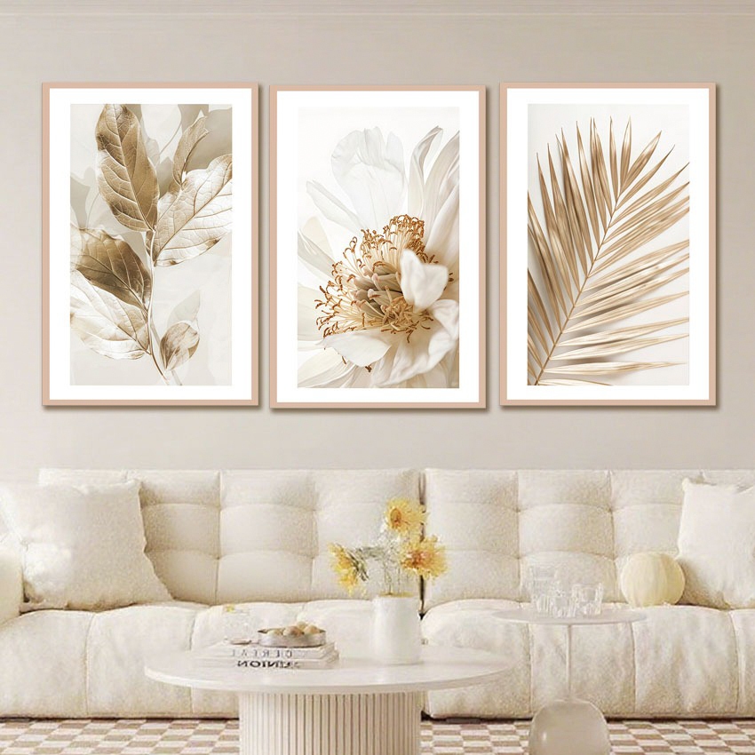 Kit 3 Quadros Decorativos FolhagemDourada Gold Moldura 40X60 cm