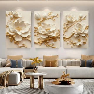Quadro Decorativo Sala 3 Peças Flores Brancas 3D Folhas Douradas Com Pérolas Para Sala De Estar Parede De Sofá​​