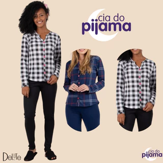 Pijama Feminino Xadrez Aberto Com Botoes Camisa e Calca Longa Para o Frio Modelo Americano em Oferta na Shopee