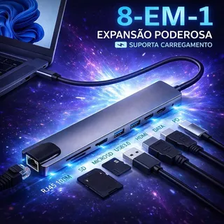 Hub USB-C 8 em 1 Multiportas 4K HDMI + RJ45 Gigabit + USB 3.0 + PD + Leitor SD/TF