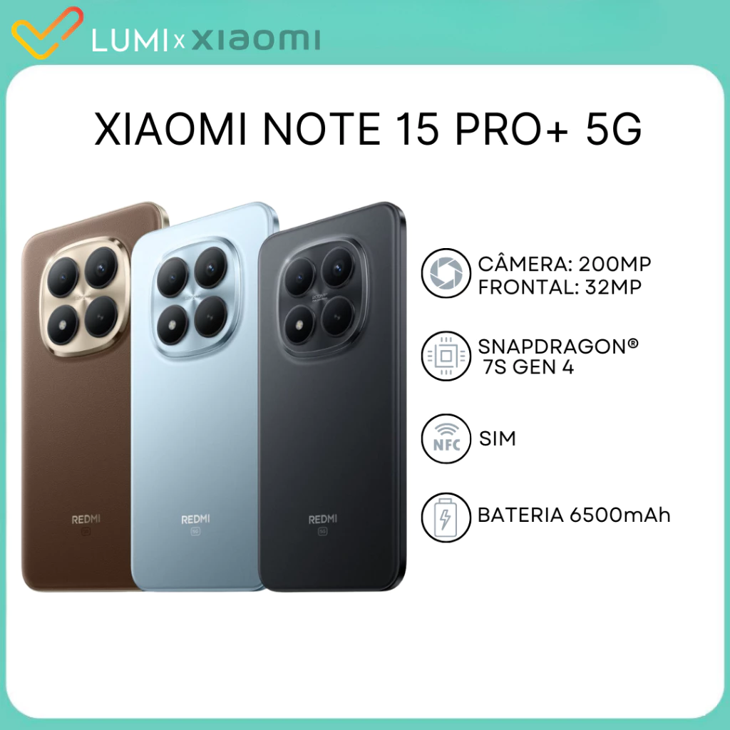 Xiaomi Redmi Note 15 PRO+ 5G, Versão Global, Câmera 200MP, Bateria 6500mAh, Processador Snapdragon® 7s Gen 4