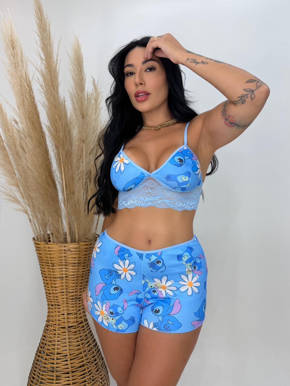 Baby Doll Estampado Top Doll Suede Cropped Com Renda