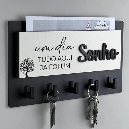 Porta Chaves Decorativo Para Parede em MDF 05 Ganchos