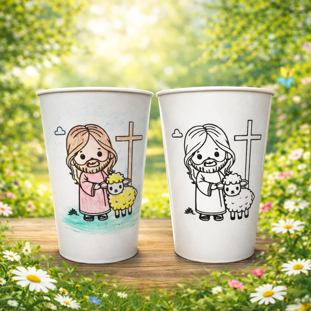 Kit 20 Copos Jesus e a Ovelhinha Páscoa plástico 450ml chocolate lembrancinha divertido crianças