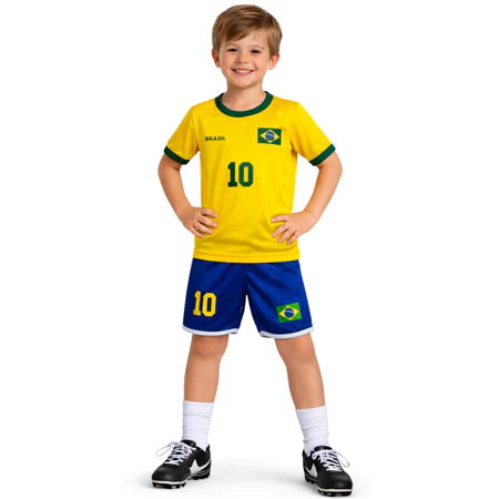 Menino sorrindo com as mãos na cintura, vestindo uniforme de futebol do Brasil
