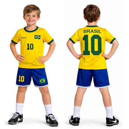 Menino de costas, mostrando número 10 e BRASIL na camisa, com bermuda azul e número 10