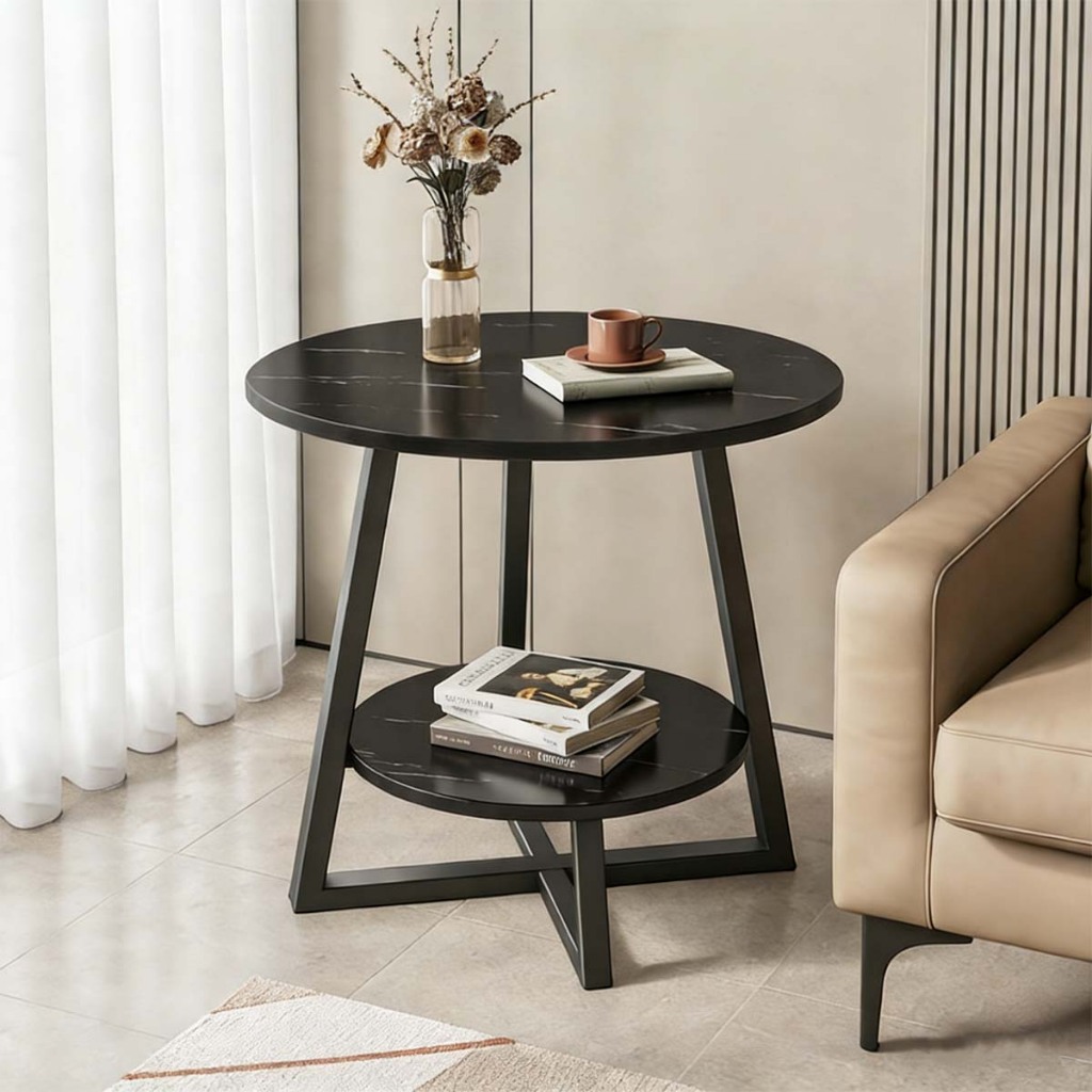 Mesa Lateral Redonda Pequena Mármore 2 Prateleiras Moderna Minimalista para Sala e Sofá