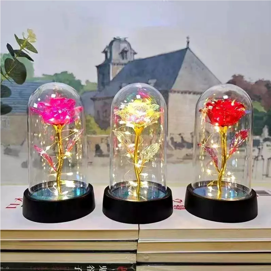 Rosa Encantada com Luz LED – Flor Eterna Decorativa em Cúpula de Acrílico