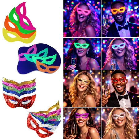 Kit 100 Máscara Holografica ou Neon Carnaval Gatinho Sortidas Fantasia Festa Balada Eventos Atacado