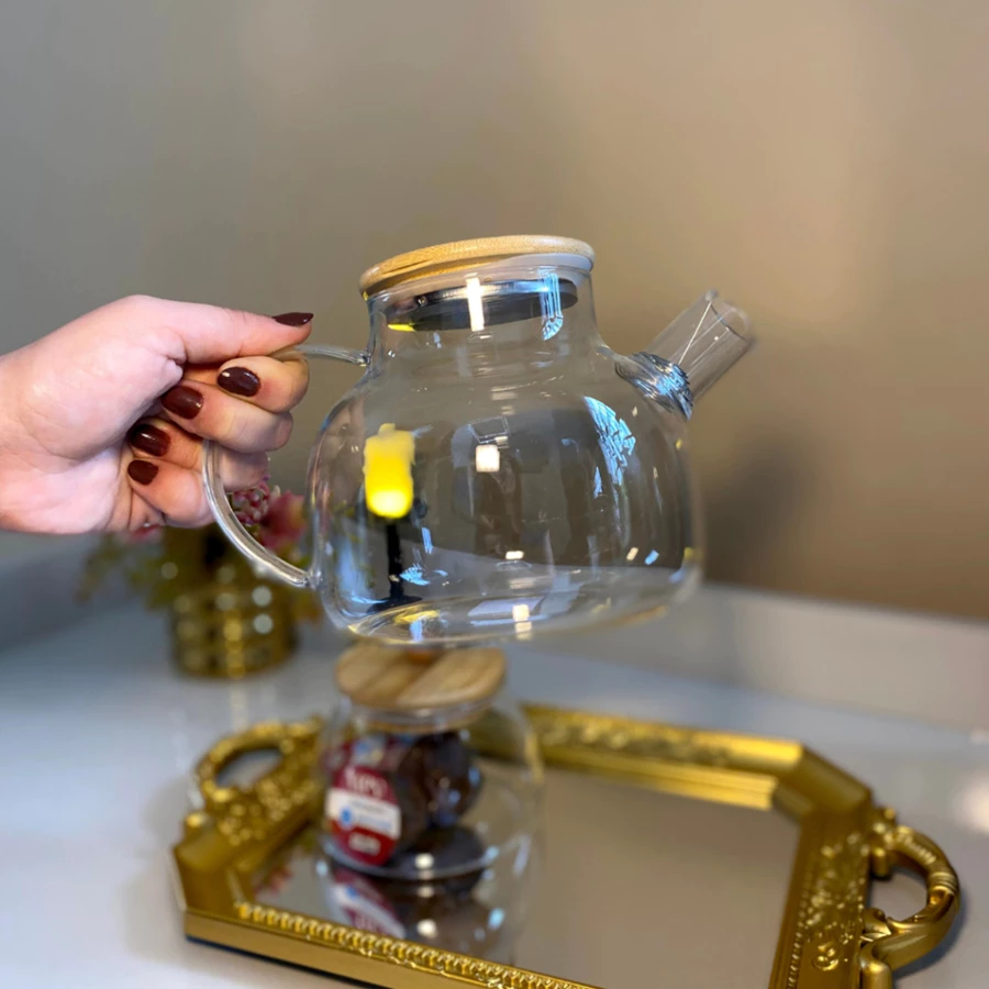 Chaleira de Vidro 1l com Coador infusor em inox e Tampa de Bambu Premium Resistente a Calor de ir Fogo Bule — foto 2 de 3