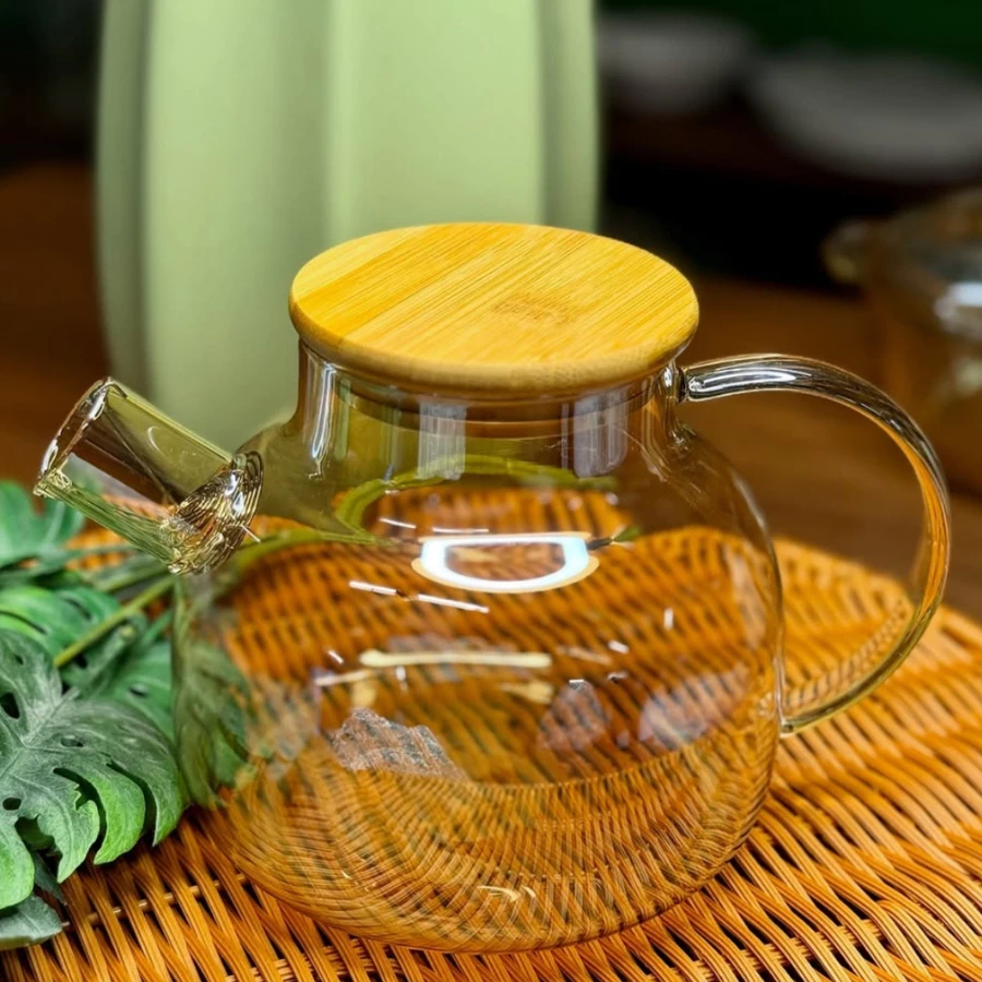 Chaleira de Vidro 1l com Coador infusor em inox e Tampa de Bambu Premium Resistente a Calor de ir Fogo Bule