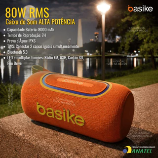 [NOVO] Caixa de Som 80W RMS ALTA POTÊNCIA Bluetooth Subwoofer Bateria 8000 mAh 7H de Música BASIKE em Oferta na Shopee