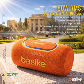 [NOVO] Caixa de Som 80W RMS ALTA POTÊNCIA Bluetooth Prova d'Água IPX6 BASIKE 8000 mAh 7H de Música em Oferta na Shopee