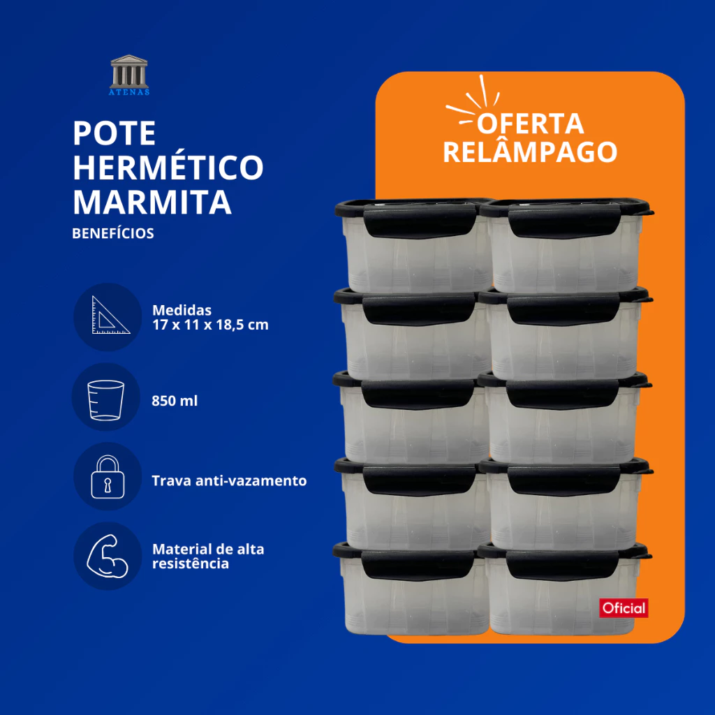 Kit 10 Marmita Conjunto Potes 850ml com Travas Laterais BPA FREE - Organizadores de Congelador