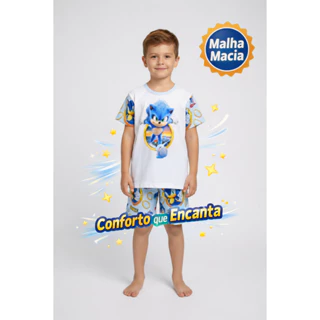 Pijama Infantil Masculino Sonic Curto Verão Malha Macia Confortável em Oferta na Shopee