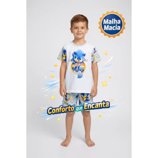 Pijama Infantil Masculino Sonic Curto Verão Malha Macia Confortável em Oferta na Shopee