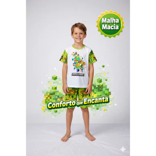 Pijama Infantil Masculino Minecraft Curto Verão Malha Macia Confortável em Oferta na Shopee