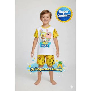 Pijama Infantil Masculino Bob Esponja Curto Verão Malha Macia Confortável em Oferta na Shopee