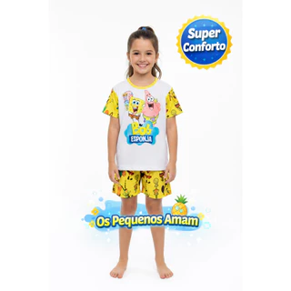 Pijama Infantil Feminino Bob Esponja Curto Verão Malha Macia Confortável em Oferta na Shopee