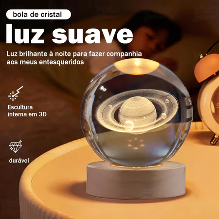 Luminária Bola De Cristal 3d Lua Galáxia Sistema Solar Lua Decoração De Mesa Base Madeira