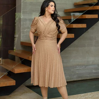 Vestido Midi Saia Plissada Super Elegante Moda Evangélica Feminina Festas Natal