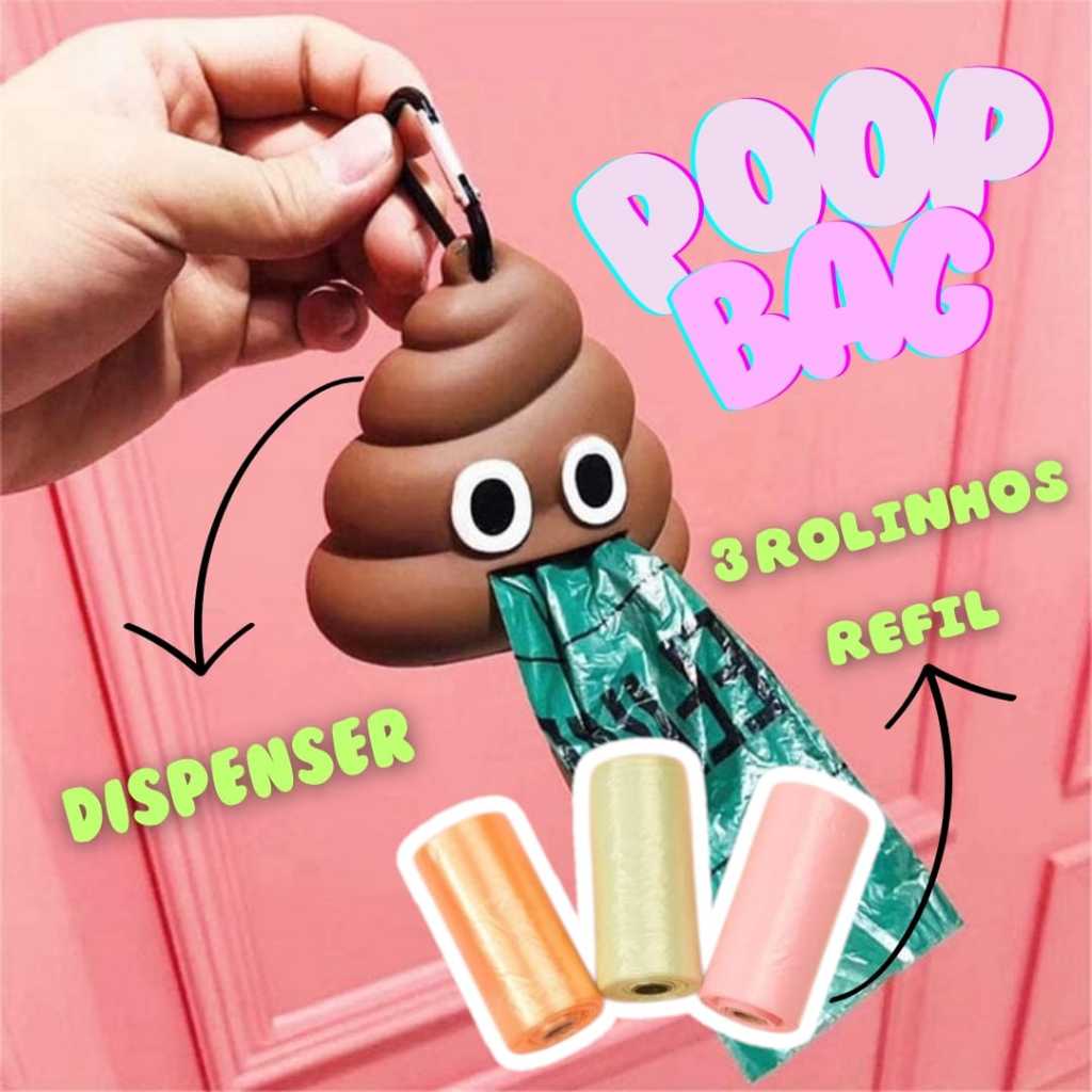 Porta Saquinho Cata Caca Poop com Gancho + 3 Rolos Refil 45 Sacolinhas ...